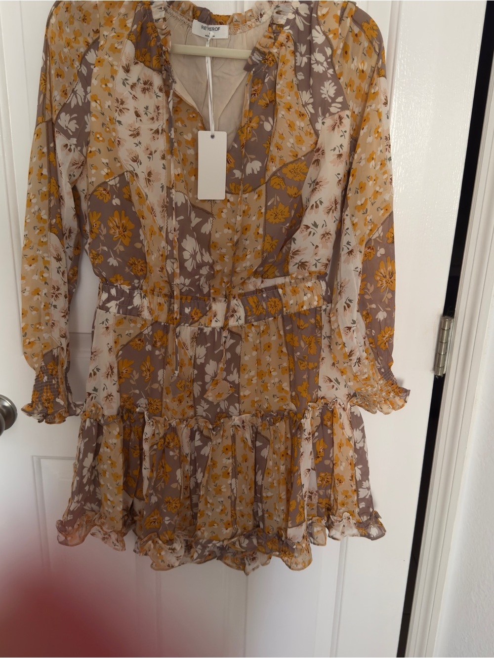 REVOLVE Mustard & Taupe Floral Tiered Long-Sleeve Midi Dress
